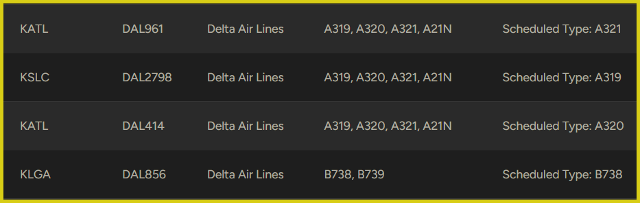 Image of the flight booking screen showing aircraft categories in use