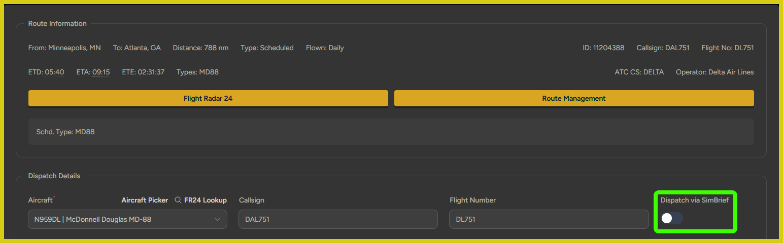 Dispatch via SimBrief" toggled Off