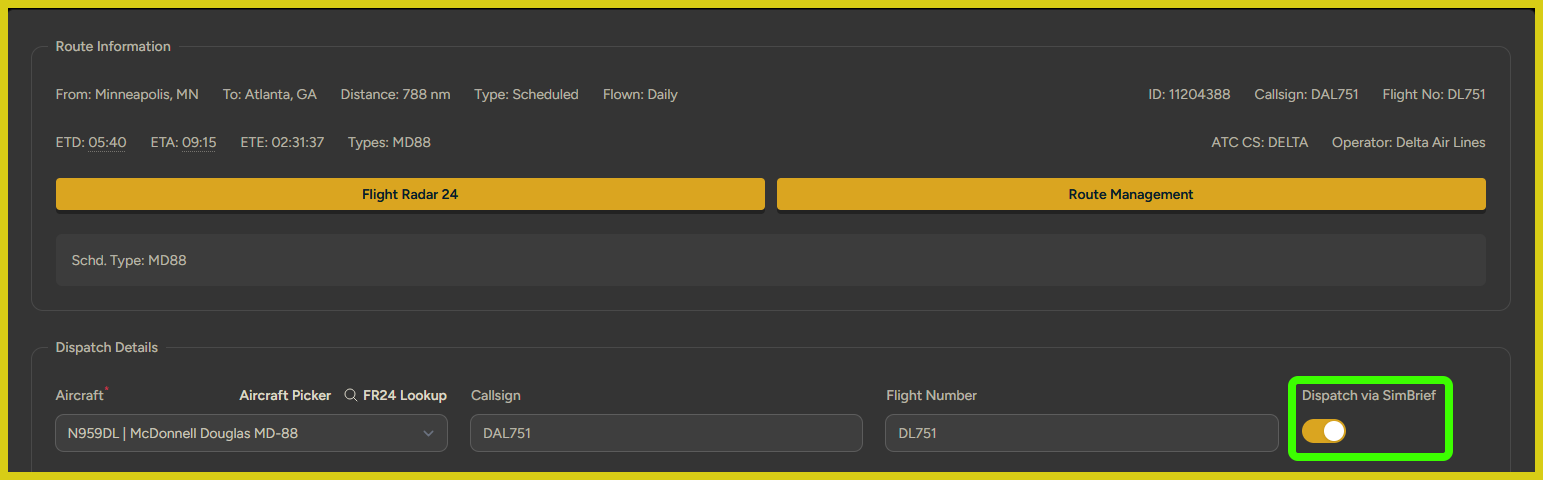 Dispatch via SimBrief" toggled On