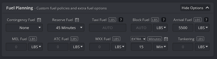 Example of A320 domestic fuel reserve settings in SimBrief