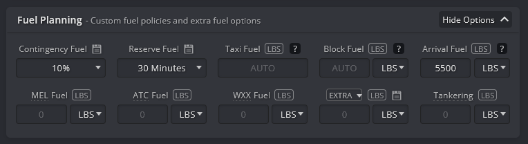 Example of A320 domestic fuel reserve settings in SimBrief