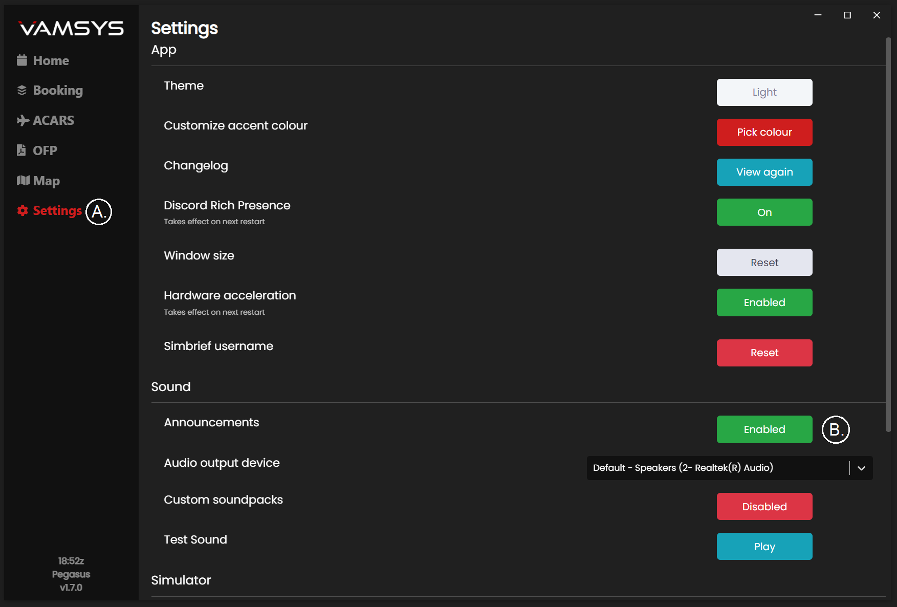 Screenshot of Pegasus settings page