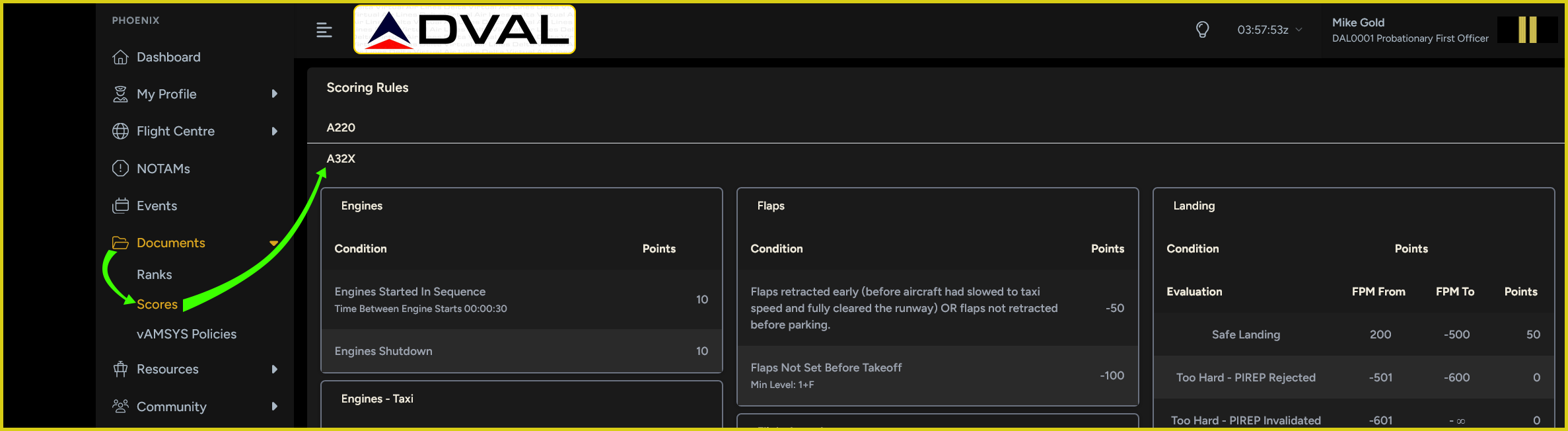 Image of menu navigation to aicraft scoring rules
