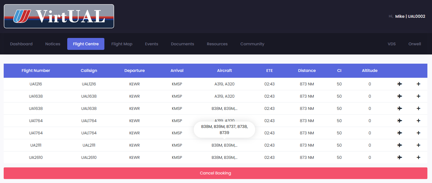 Image of the flight booking screen showing aircraft categories in use