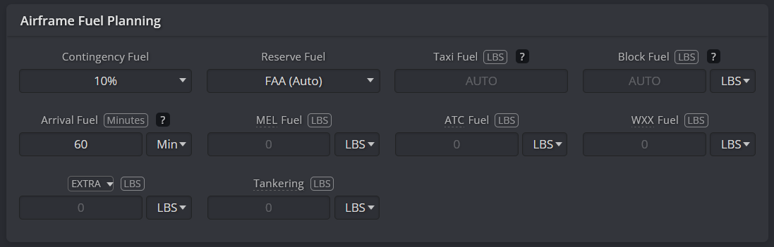 Airframe Fuel Planning window from SimBrief